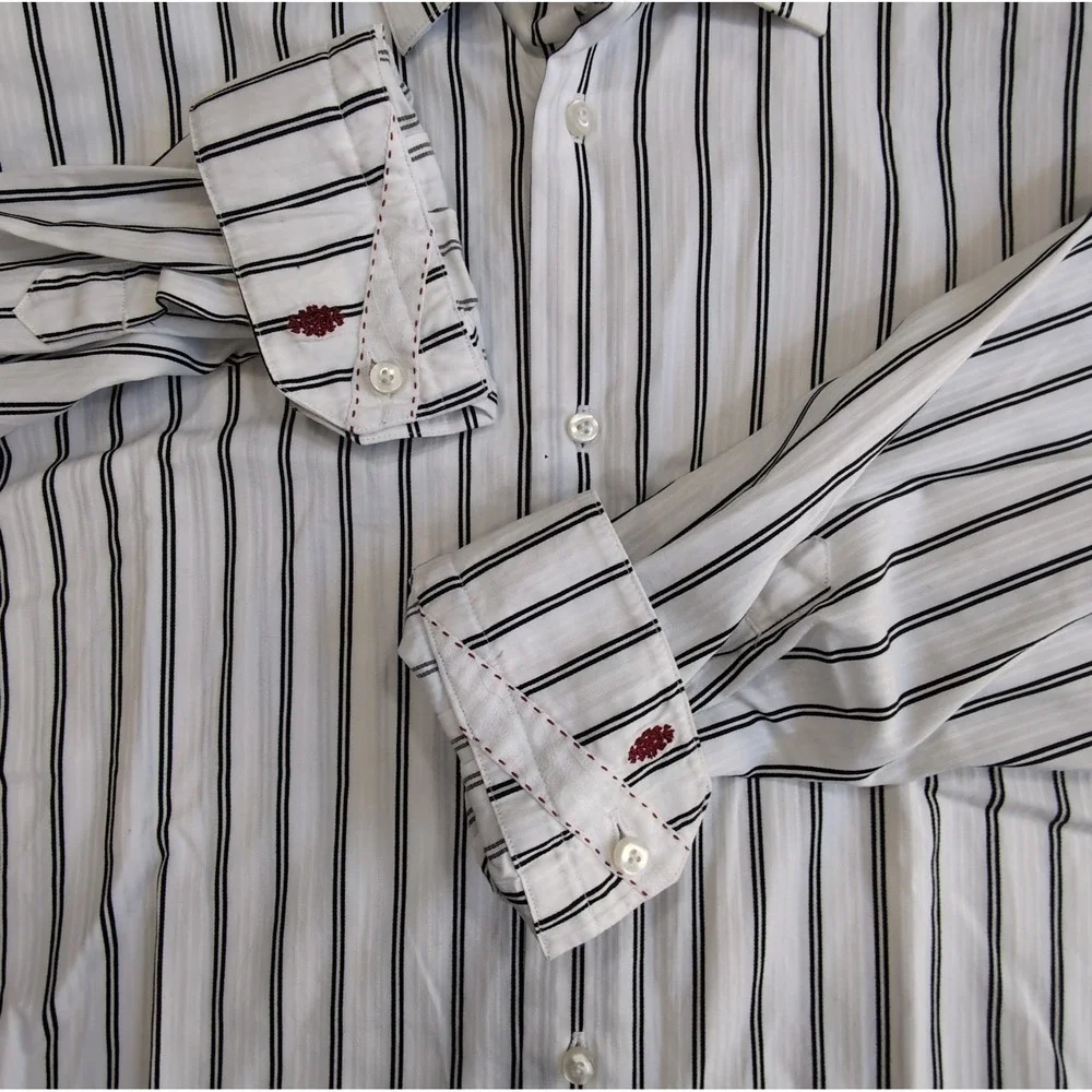Robert Graham Flip Cuff Long Sleeve Shirt Mens 2XL 18 46 White Black Stripe